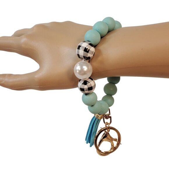 Blossom - Baby Blue Plaid White & Beige Beaded Wristlet Keychain w/ Tassel. - Picture 2 of 5